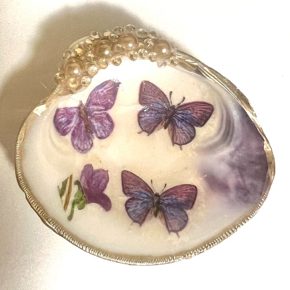 Purple Butterflies Jewelry Trinket Dish Gift Handcrafted Clam Shell